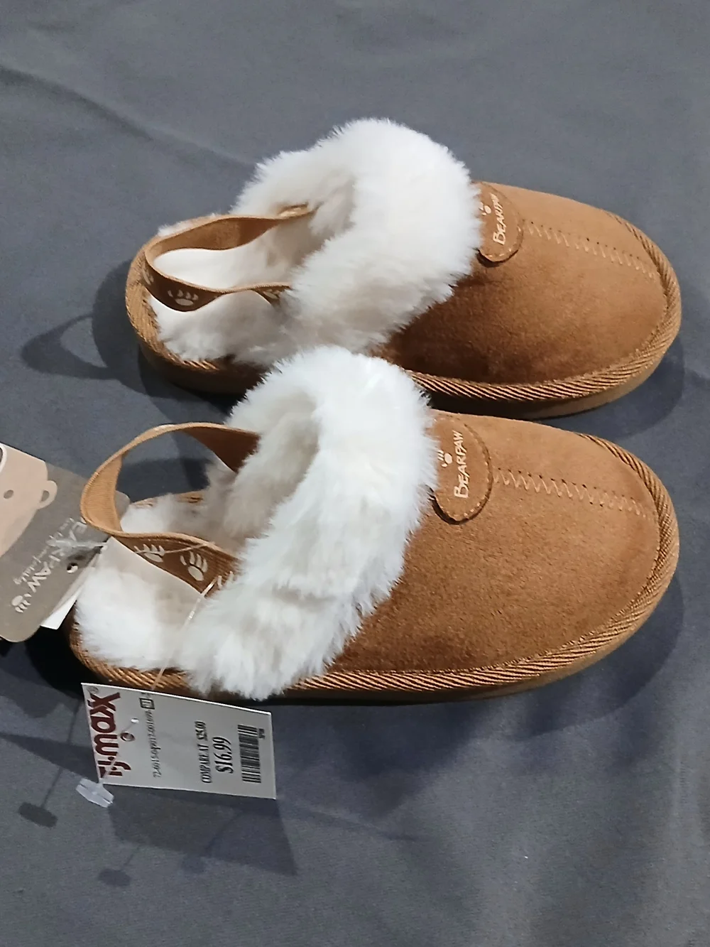 BEARPAW Brown Suede Shearling Clog Slippers with White Fur Trim